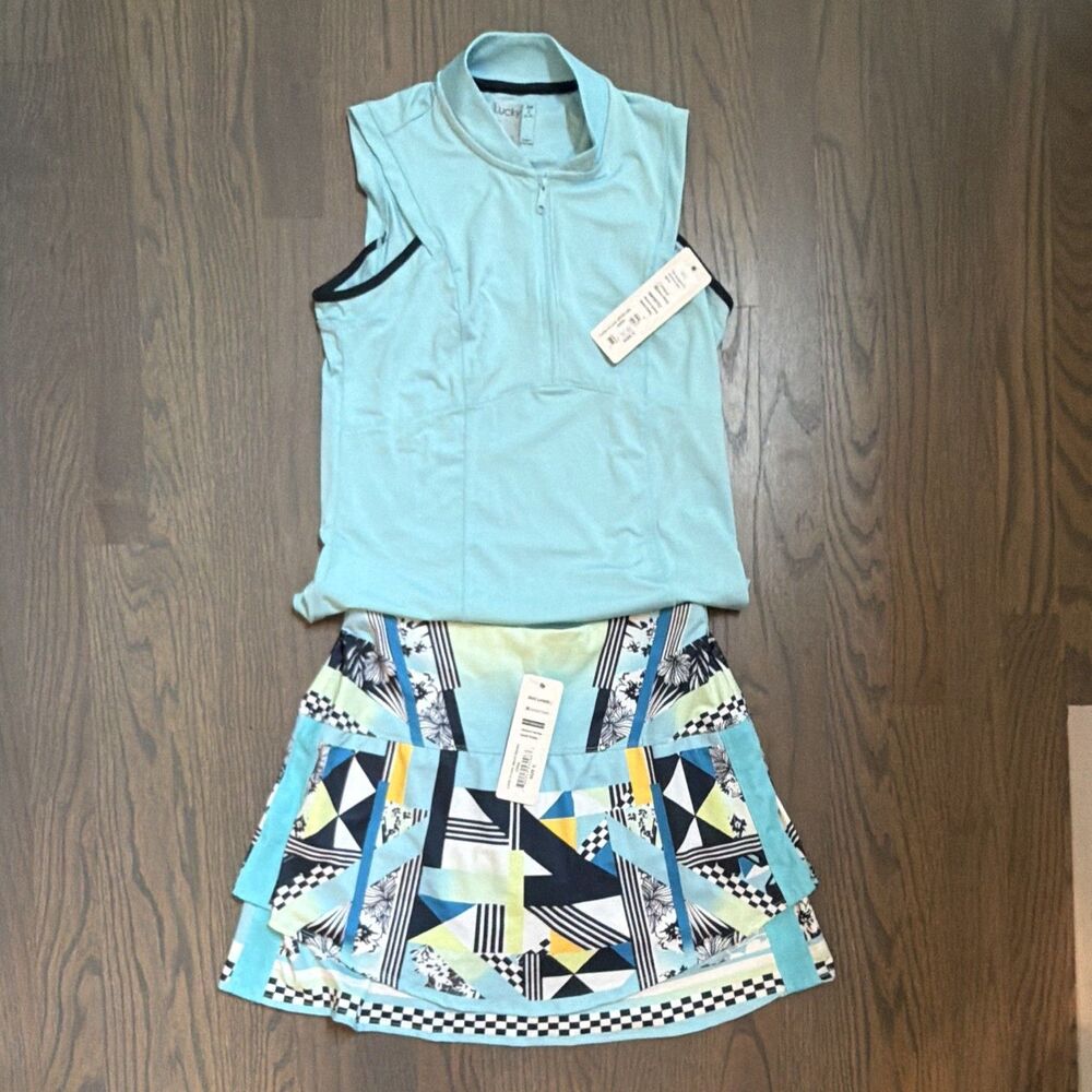 LUCKY IN LOVE Tennis golf Skort & Tank Set Blue Geometric Printed 2 Pc Small NWT
